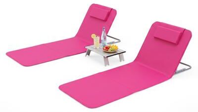 Costway 3 Pieces Beach Lounge Chair Mat Set 2 Adjustable Lounge Chairs with Table Stripe-Pink