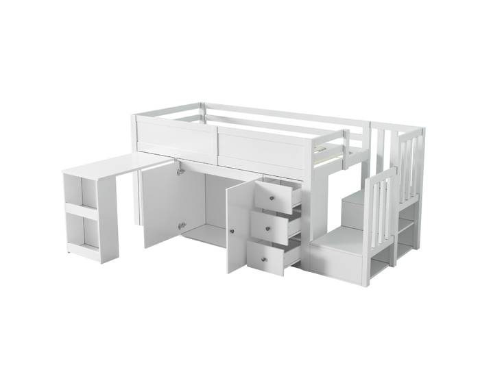 Lit Mezzanine Enfant Multifonction Blanc 90 X 200 Cm Avec Bureau\, Rangements Et Escalier - Homvra