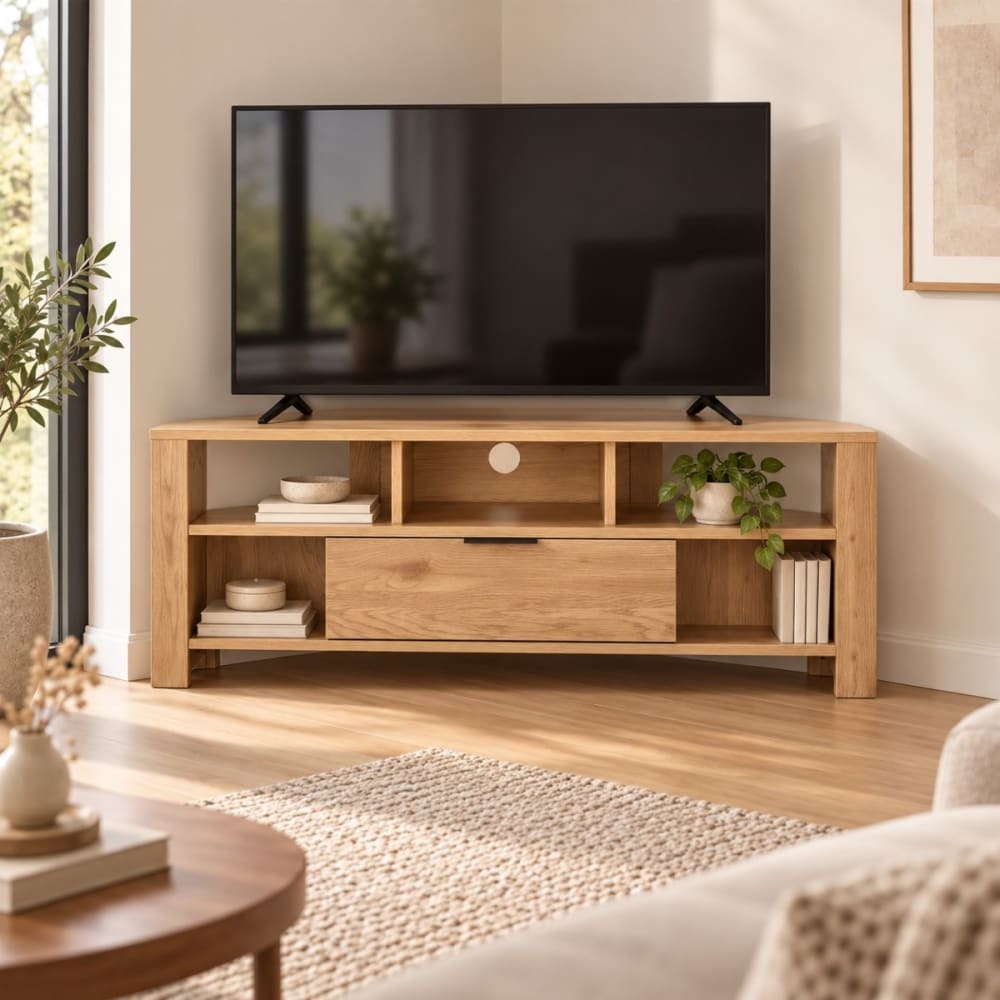 Calicosy Meuble tv d'angle 1 tiroir décor bois - l120 cm Marron 120x45x40cm