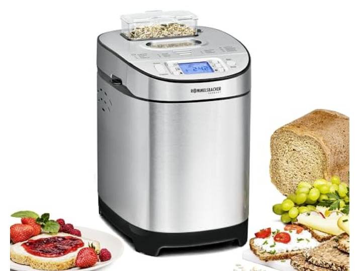 ROMMELSBACHER Brotbackautomat BA 550, 13 Programme, 2 Brotgrößen automatisches Zutatenfach, einstellbarer Bräunungsgrad in 3 Stufen, auch für glutenfreies Brot, Edelstahl/schwarz