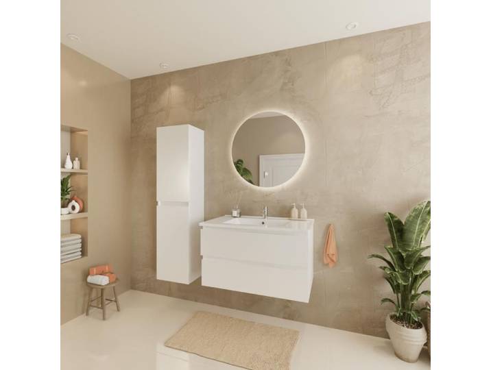 LOMAZOO Ensemble de meubles de salle de bains VERONA 80 cm - Avec armoire haute - Blanc brillant - Lavabo blanc