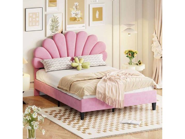 Structure de lit adulte - Classique intemporel - Tissu velours rose - Tête de lit capitonnée haute - Sommier 12 lattes