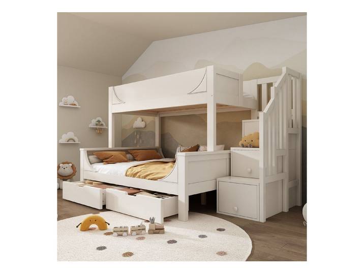 TavilaEcon Etagenbett Kinderbett im eleganten Design, mit Leiterschrank & Schubladen (1-St), mit Rausfallschutz und Lattenrost, 90x200&140x200cm, weiß