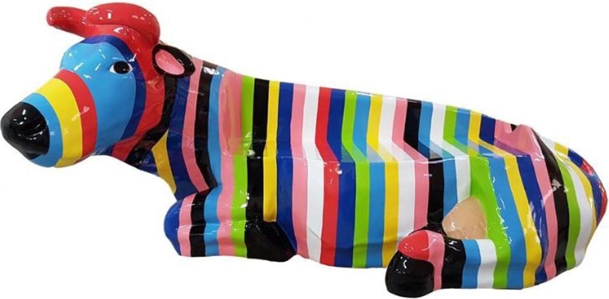 Casa Padrino Designer Sitzbank Kuh mit Streifen Mehrfarbig 200 x H. 98 cm - Wetterbeständige Kuh Skulptur Gartenbank - Garten & Terrassen Deko Accessoires