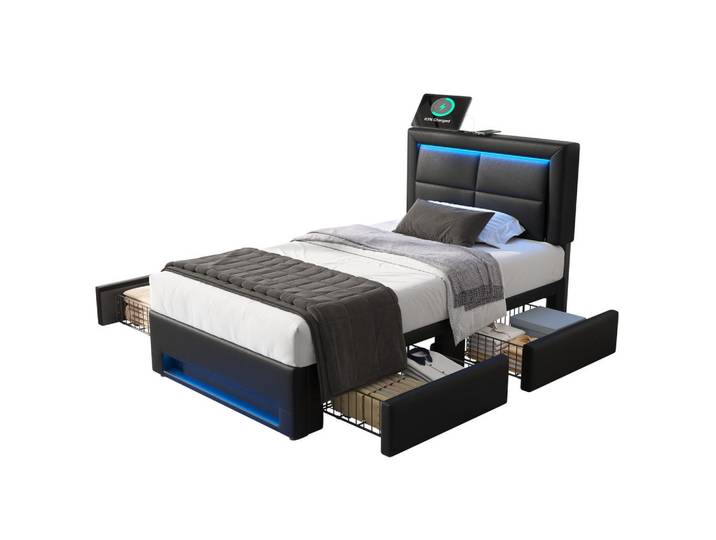 Stilvora Polsterbett 90/190 cm in Schwarz mit 4 Schubladen, LED und USB Kunstleder-design, 90x190 cm, Schlafzimmer, Betten, Polsterbetten