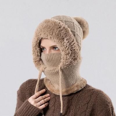 Uplift Essentials Integrated Velvet Knitted Balaclava Thermal Ear Protection And Hooded Mask khaki