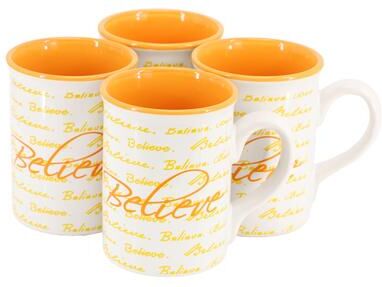 Gibson Home Inspirational Words Believe 4 Piece 16 Ounce Stoneware Mug Set in Orange