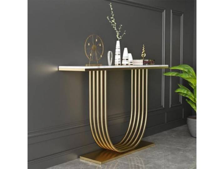 Moderner Konsolentisch, schmaler Flurtisch mit Marmor-Optik, Metallgestell Marmor-Optik, schmaler Eingangstisch, geeignet für Wohnzimmer, Eingangsbereich und Flur(Gold,47.2in*11.8in)