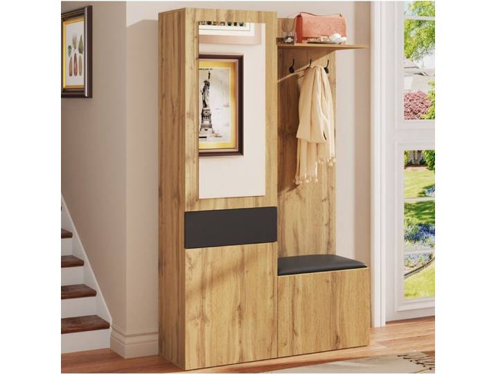 VEVXYN meuble d entree vestiaire avec miroir banc a chaussures rangement 98 5 x 38 x 191 cm MDF noir et bois naturel