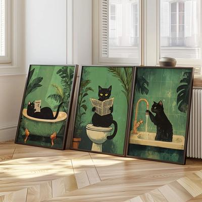Uplift Picks Funny Black Cat Bathroom Wall Art Set Vintage Animal Canvas Prints Decor 01 40x60 Cm unframed