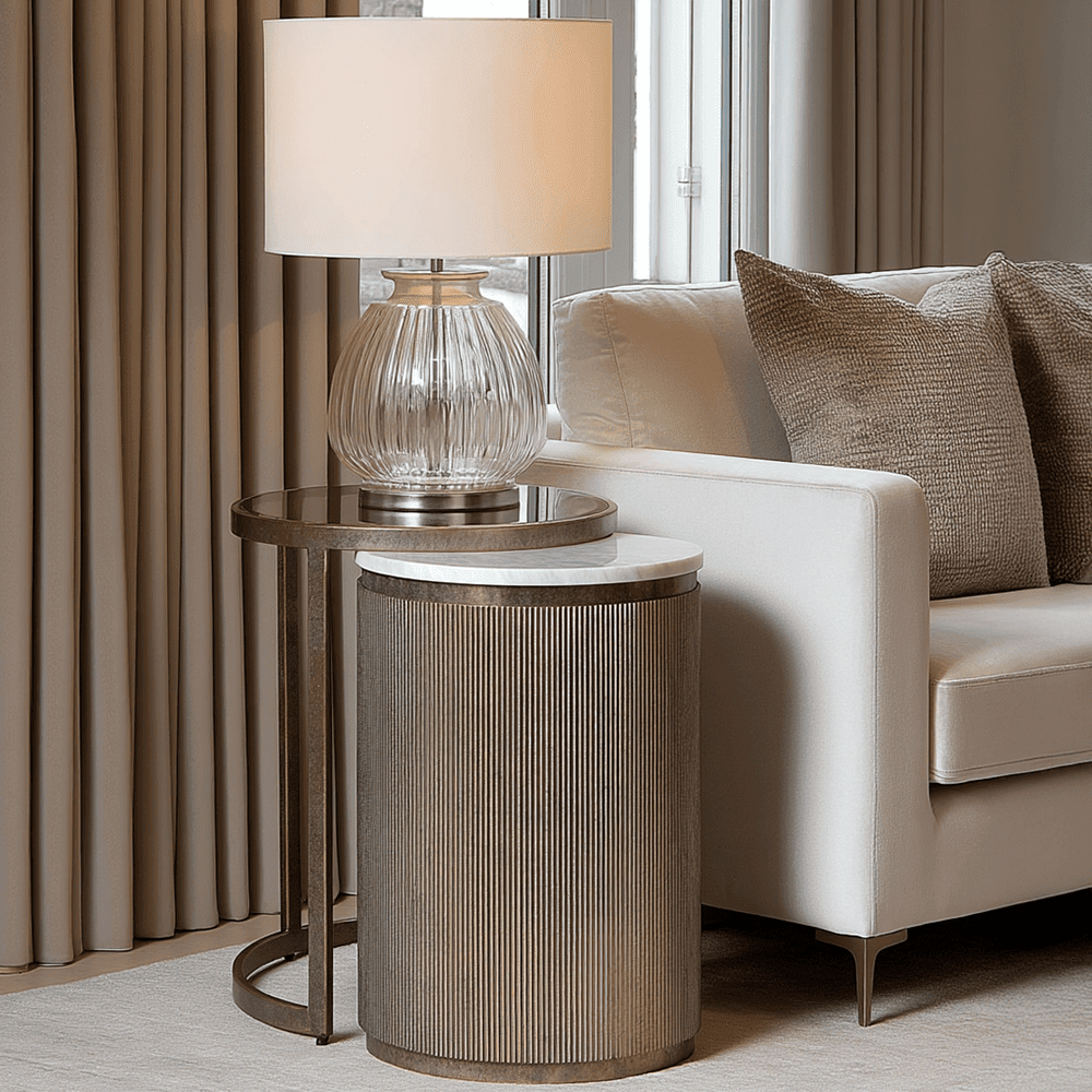 Sovana Antique Brass Nesting Side Tables with Marble and Glass Top