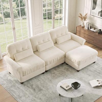 "GDFStudio - Chenille 98"" 3-Seater L-Shape Modular Sectional Sofa with Ottoman, Ruffled Edge & Lumbar Pillows"