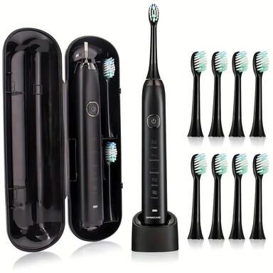 Inspired Deals IPX7 Waterproof Sonic Electric Toothbrush With 8 Brush Heads And 5 Modes black