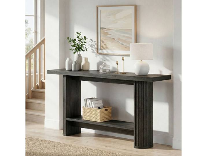 Console d'entrée TOPESCT 140x30x80 cm bois style moderne pour entrée couloir salon noir