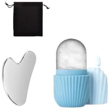 Uplifted Finds Stainless Steel Ice Face Roller & Gua Sha Board Skincare Set blue