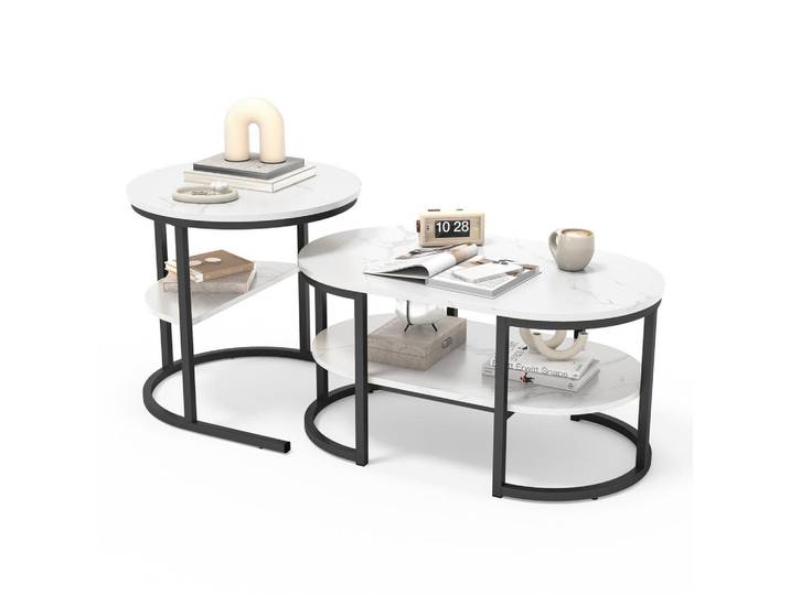 Shopentra Couchtisch oval rund marmoroptik weiß schwarzgestell verschiebbar, Mehrfarbig, Metall, 46x41x80 cm, Wohnzimmer, Wohnzimmertische, Couchtische