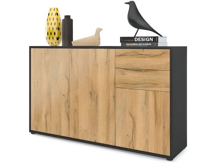 Vladon Commode Buffet Ben V3 Corps en Noir mat - Façades en Chêne Nature