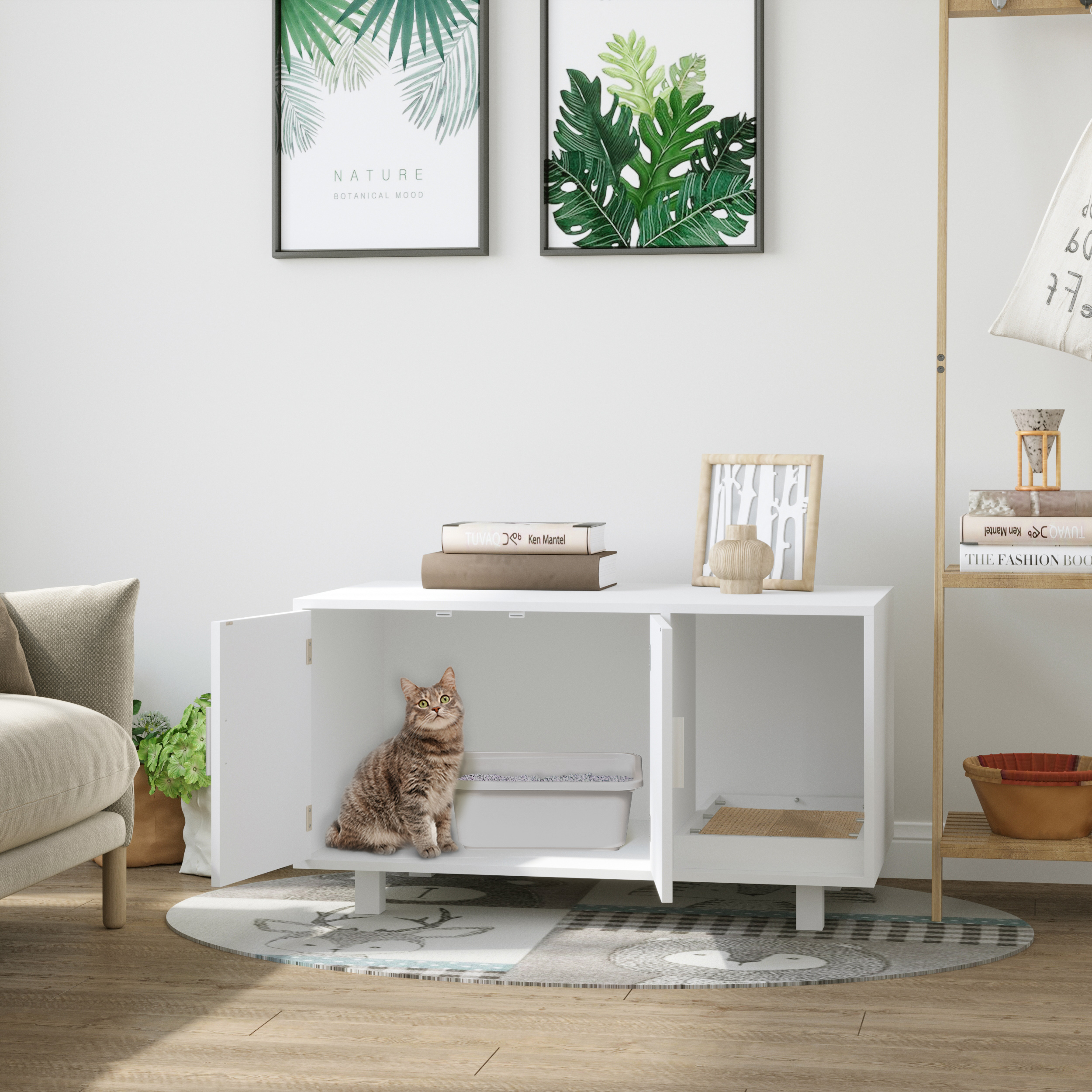 Pawhut Mobile per Lettiera Gatti in Legno con 2 Ante e Apertura Laterale con Tiragraffi, Bianco Aosom