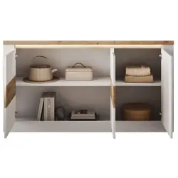 Aucune, Kommode + Sideboard, Sideboard - IMOLA - Weisser Hochglanzlack / Helle Eiche - 3 Türen - 160 x 43 x 88 cm (160 x 43 x 88 cm)