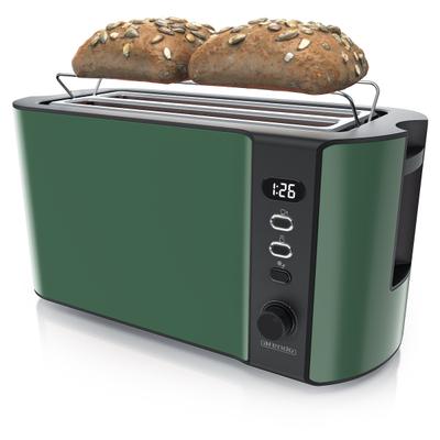 Arendo 4-Scheiben-Langschlitztoaster aus Edelstahl, 1500 W, Restzeitanzeige, Auftau- und Aufwärmfunktion, Brötchenaufsatz, grün