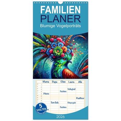 Familienplaner 2026 - Blumige Vogelporträts mit 5 Spalten (Wandkalender, 21 x 45 cm) CALVENDO