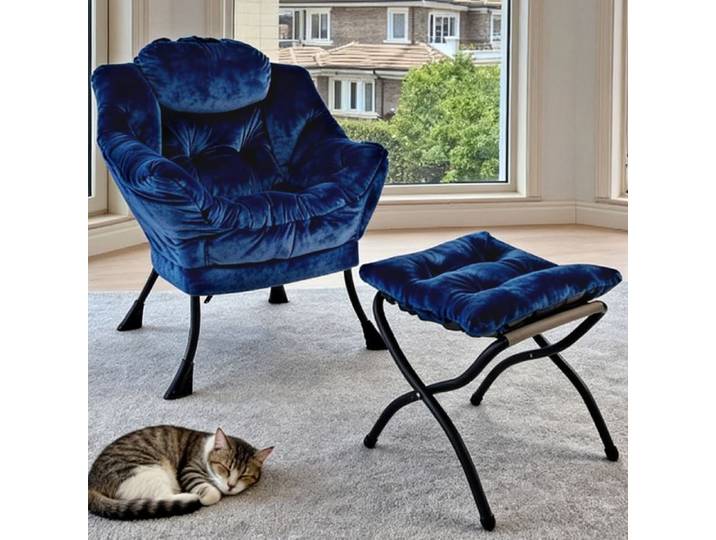 Fauteuil Bergère Capitonné avec Repose-pieds bleu foncé - Fauteuil de Salon Élégant Structure Métal Stable 150kg - Chic