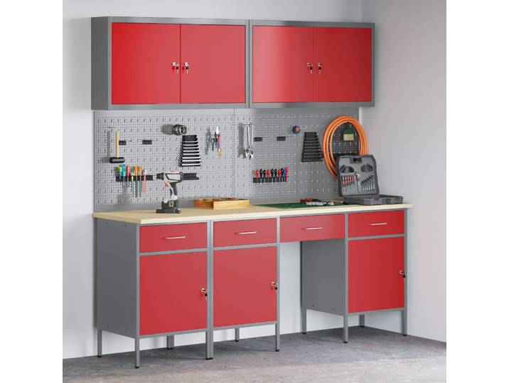 vidaXL Werkbank 10 Stk. Rot und Grau Ingenieure Holz und Stahl