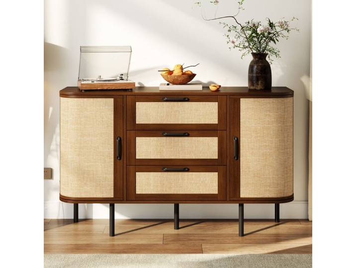 Modenuit Buffet bas 120x40x82 cm MDF aspect noyer 2 portes 3 tiroirs façades tressées