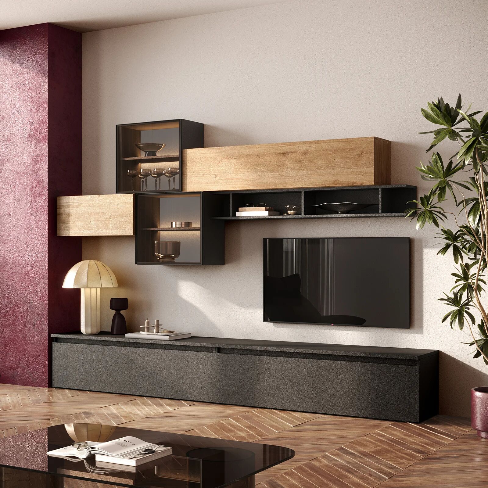 garneroarredamenti Parete attrezzata 276x200h cm ossido rovere chiaro Sunset 1027