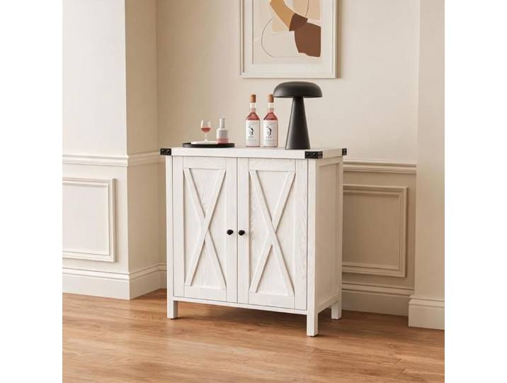 JOLLYTOP Buffet Style Fermier 80cm - Meuble de Rangement avec Portes Coulissantes et Étagère Réglable - Blanc -Cuisine/Salon/Entrée