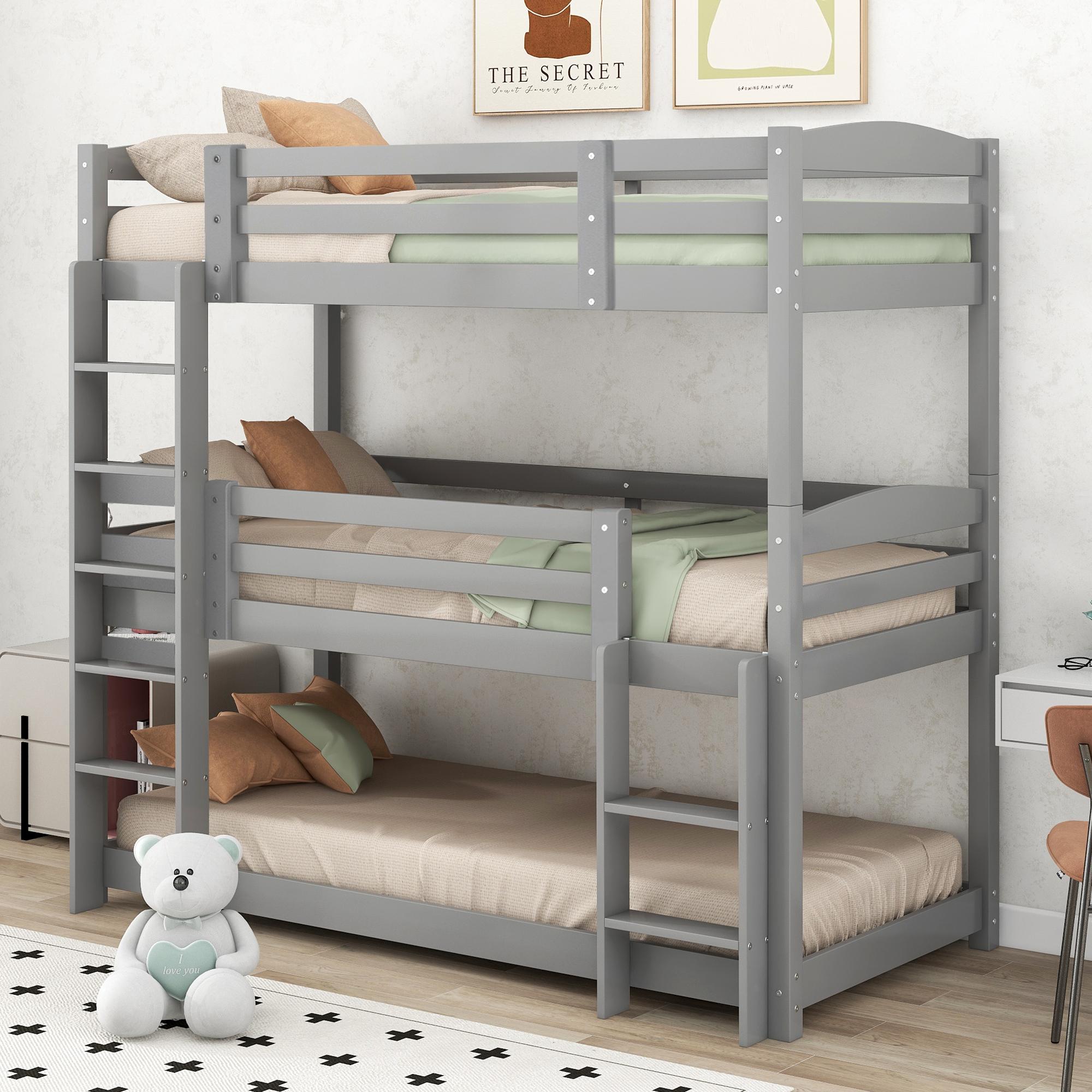 Flieks Etagenbett mit 2 Leiter und 2 Set Lattenrost Dreier-Etagenbett Hochbett Kiefernholzbett Kinderbett 90x200cm