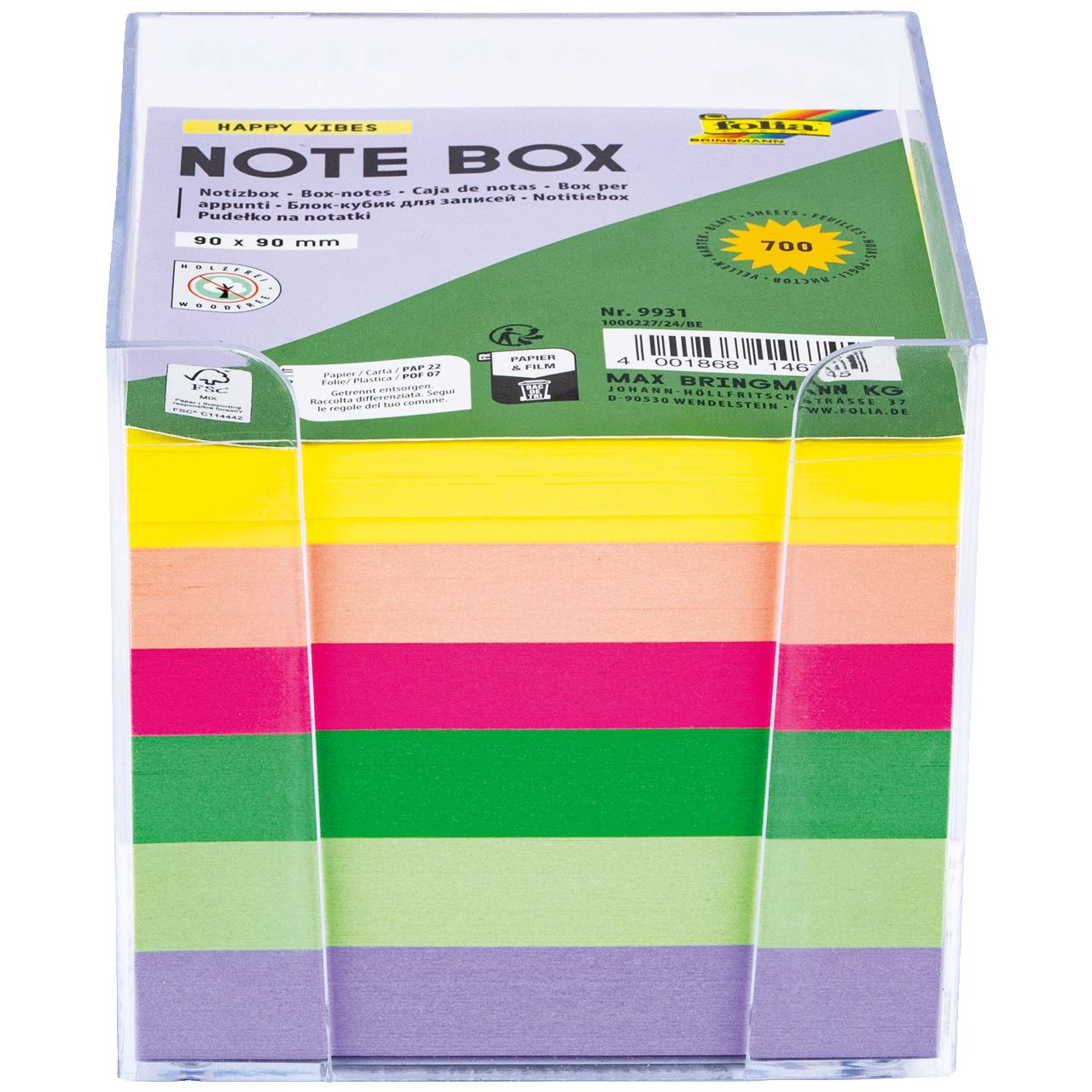 folia Zettelbox HAPPY VIBES transparent inkl. 700 Notizzettel bunt, 1 St.
