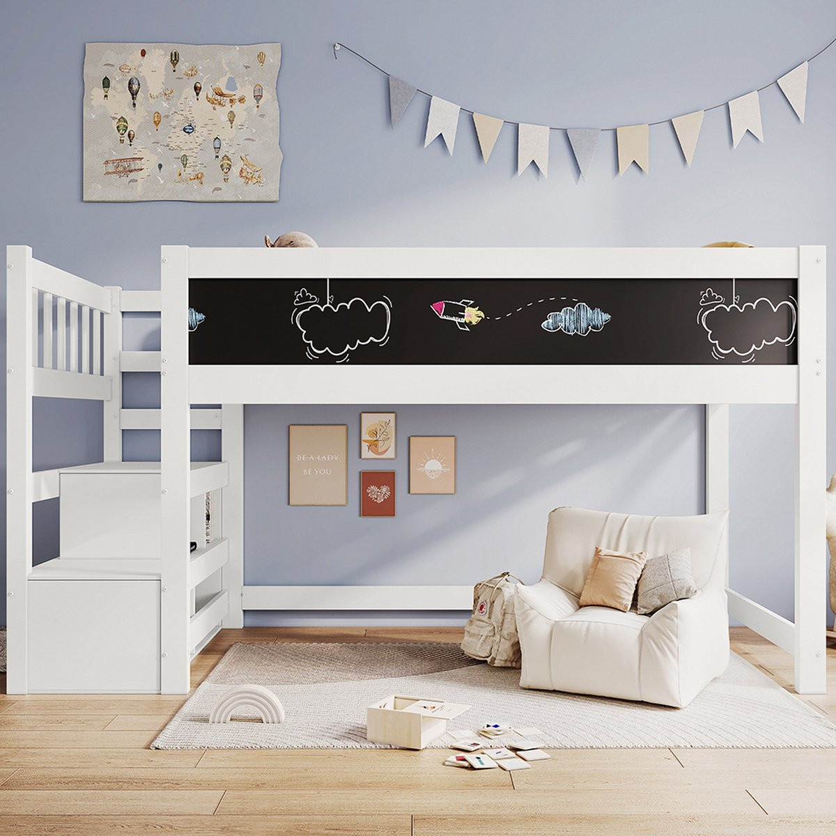 KOMHTOM Kinderbed Kajuitbed Verhoogd bed met valbescherming Wit 90x200 cm
