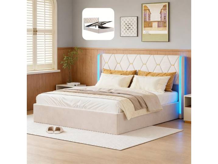 Lit Coffre 160x200 cm - KILISKY - Velours Beige - LED RGB - Sommier Inclus - 2 Places