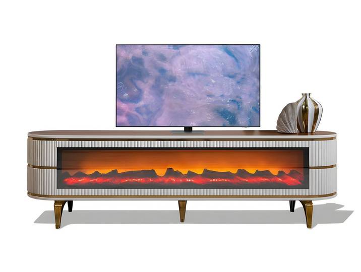 JVmoebel TV-Wand Ovales TV-Lowboard mit Metallbeinen und Kaminbeleuchtung, (1-St), Made in Europe