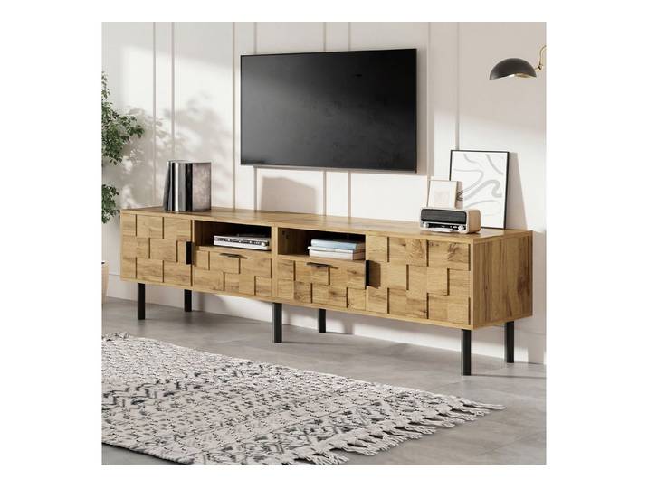 REDOM TV-Schrank 160x42,5x35 cm 2-türiger TV-Schrank in Holzoptik mit Schubladen (Packung, 1-St., Offene Fächer & Metallbeine, praktische Aufteilung) Stilvolles Lowboard für TV & Zubehör