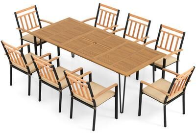 Costway 9 Pieces Patio Dining Outdoor Furniture Set with 8 Chairs and Umbrella Hole