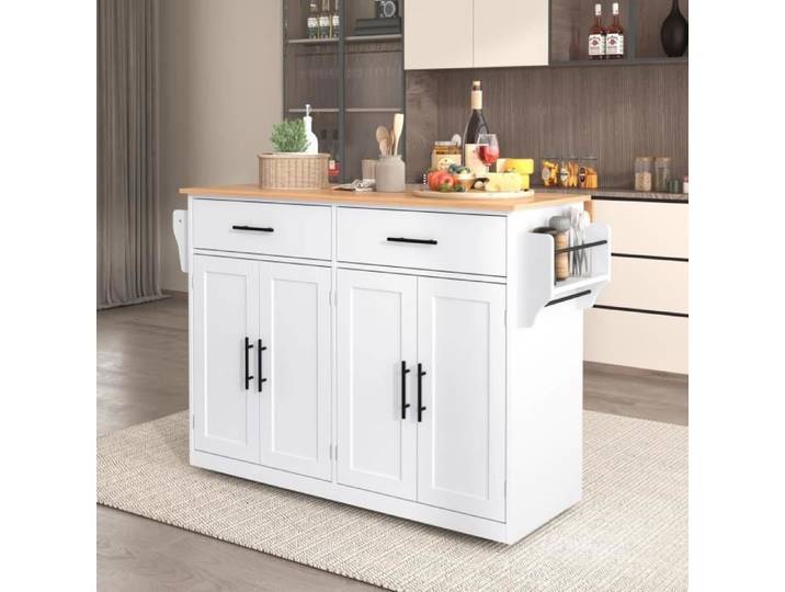Desserte de Cuisine - 120x46x91 cm - Blanc - Roulettes interchangeables - Design contemporain