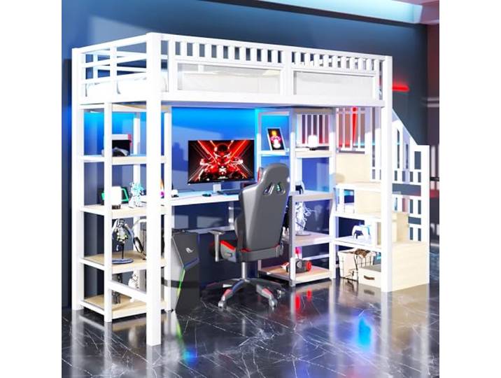 BTM Kinder Bett 90 x 200 cm Metall Hochbett mit Schreibtisch, LED-Lichtleiste Kinderbett mit Treppe Einzelbett mit Stauraum, Schwarz, ohne Matratze