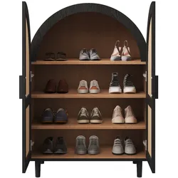 OKWISH Schuhschrank Sideboard 70x40x100 cm mit 2 Rattantüren, 3 Böden, verstellbar, Metallbeine, elegante Aufbewahrung, Schwarz+Holz