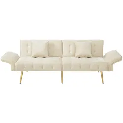 OKWISH Zweisitzer Sofabett 178x82x70 cm, verstellbare Rücken- & Armlehnen, Veloursstoff, Hochdichtes Schaum, Metallfüße, Modernes Wohnzimmer, Beige