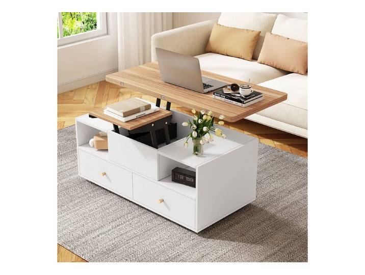 Odikalo Couchtisch Sofatisch Beistelltisch Teetisch Schublade Hydraulik Faltbar Natur