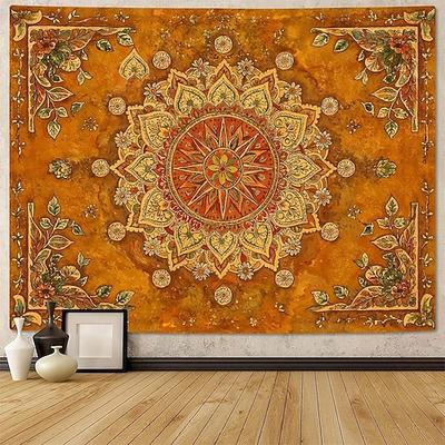 Senfgelber Mandala-Wandteppich im Vintage-Boho-Stil mit floralem Muster, großformatig, in Erdtönen gehalten, Wanddekoration, Hintergrundstoff, Poster