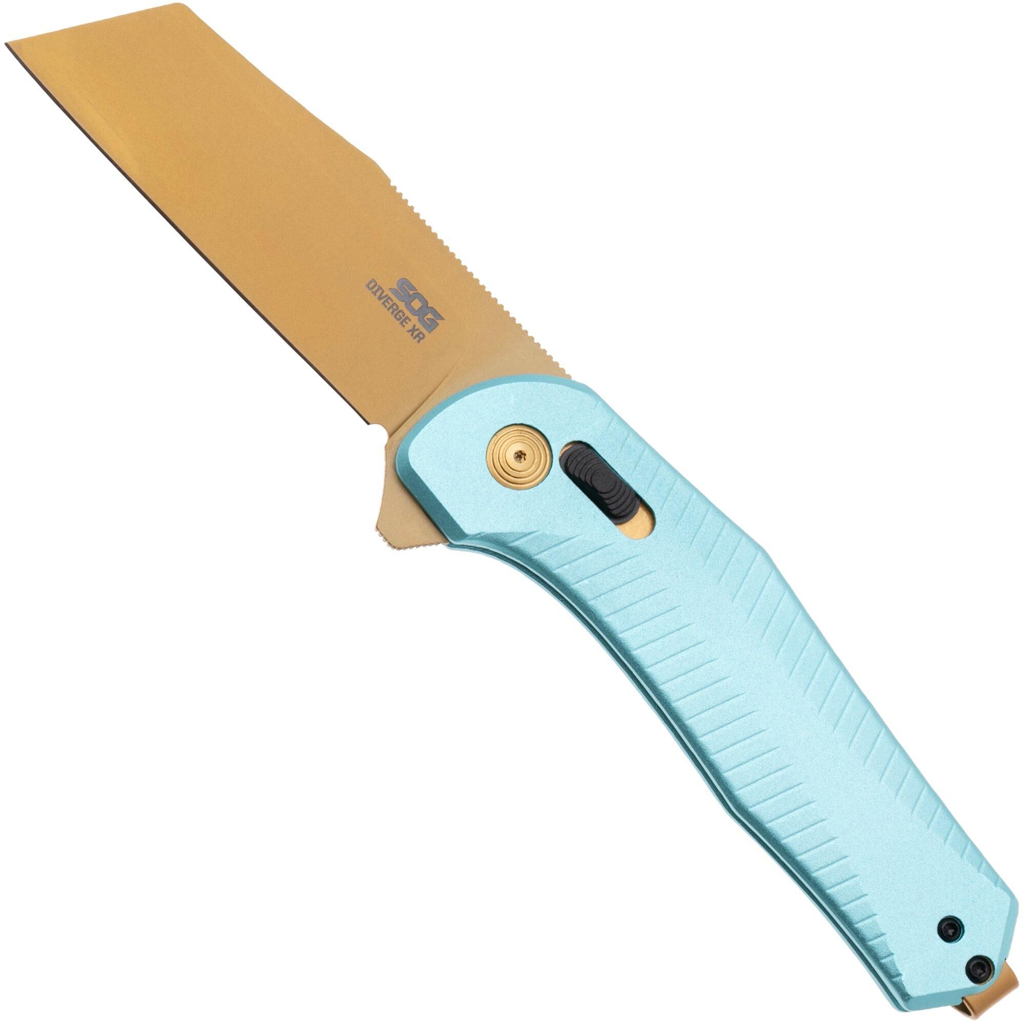 SOG Diverge XR 12-02-02-43, Gold PVD D2, Light Blue Aluminum coltello da tasca