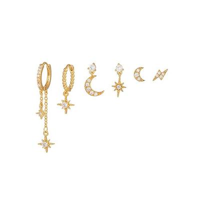 Vergoldetes, nicht übereinstimmendes Ohrringset mit Stern und Mond für Damen – zierliche Ohrstecker und Ohrhänger mit himmlischem Zirkonia für Modepartys, Geschenke und den Alltag