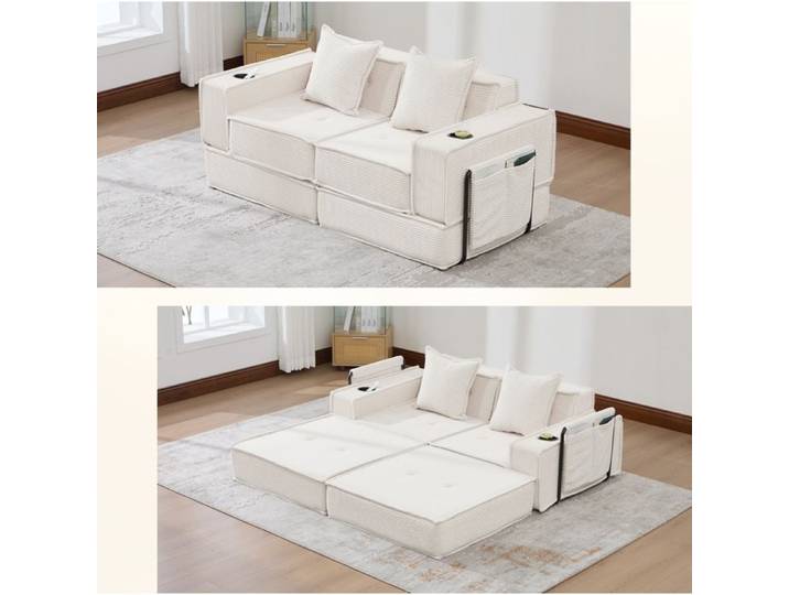 ROVRYN Canapé convertible 2 places en velours côtelé beige modulable avec 2 coussins et porte-gobelets