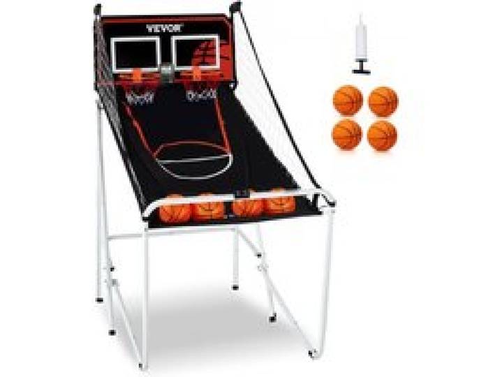VEVOR Jeu d'arcade de basketball pliable, 2 joueurs, panier de basketball à double tir à domicile, 4 ballons, tableau de bord électronique et pompe de gonflage, pour enfants et adultes, noir et blanc