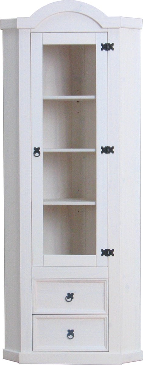 New Mexico hoekkast vitrine wit grenenhout met glazen deuren