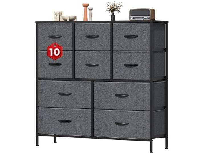 Noblik Große Kommode, Schrank, 10 Stoffkommode mit Metallrahmen und MDF-Holzplatte, verstellbare Füße, Kippsicherung, Aufbewahrung Kommode für Schlafzimmer, Wohnzimmer, Kleiderschrank, Dunkelgrau