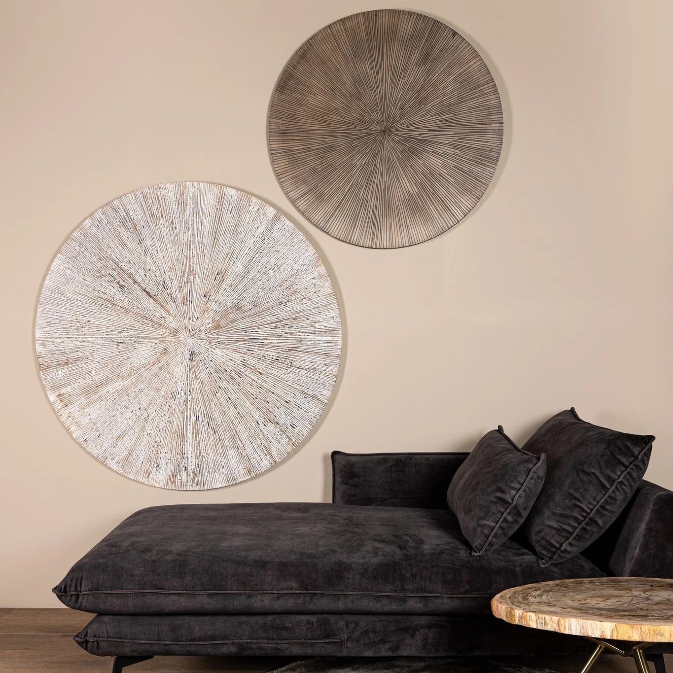 PTMD Wandornament Zapp Wit Geribbeld Rond van Hout, Diameter: 120 cm